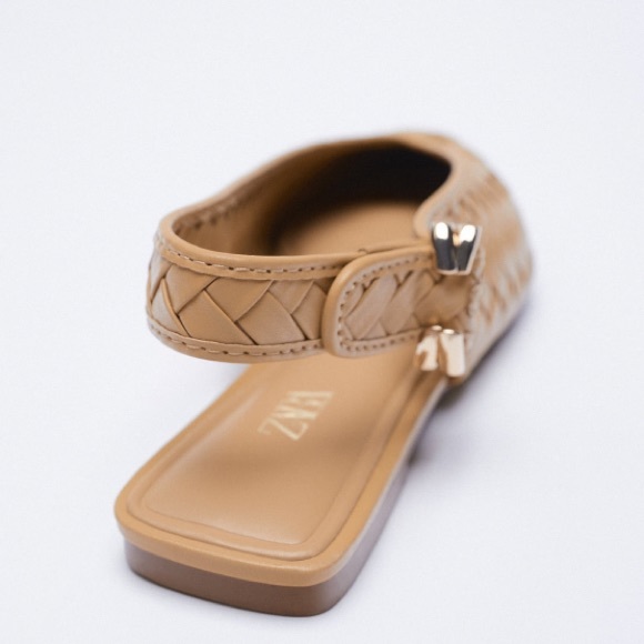 NWT Zara Tan Pointed Toe Woven Buckle Ankle Strap Slingback Flats - Picture 8 of 11